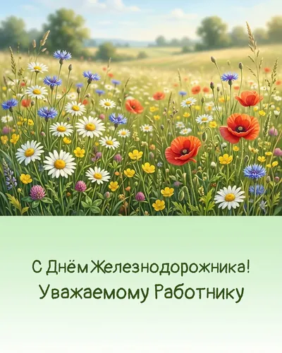 Открытка с Днём железнодорожника: полевые цветы и ромашки вдоль железнодорожного полотна, солнечный летний день